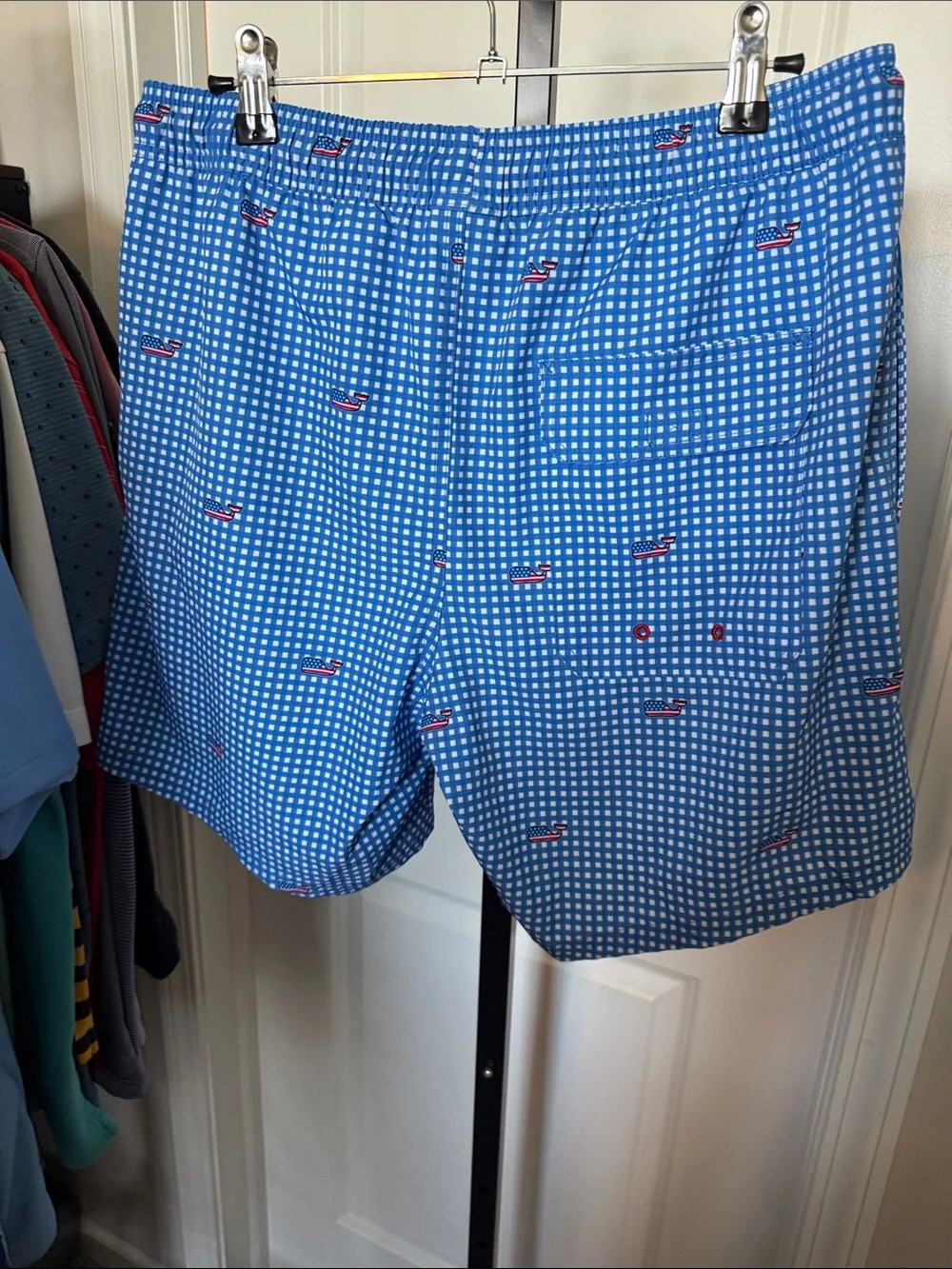 Vineyard Vines Blue Gingham Swim Trunks with Whale Motif